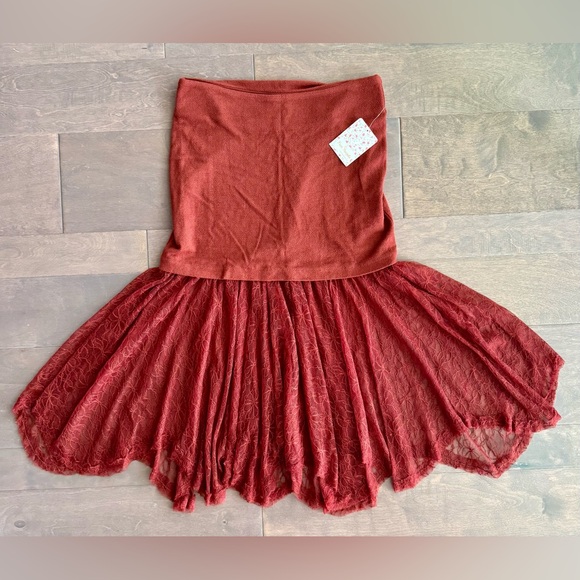 NWT Free People Two For One Sheer Lace Bottom Skirt-Red Rust - Picture 4 of 12